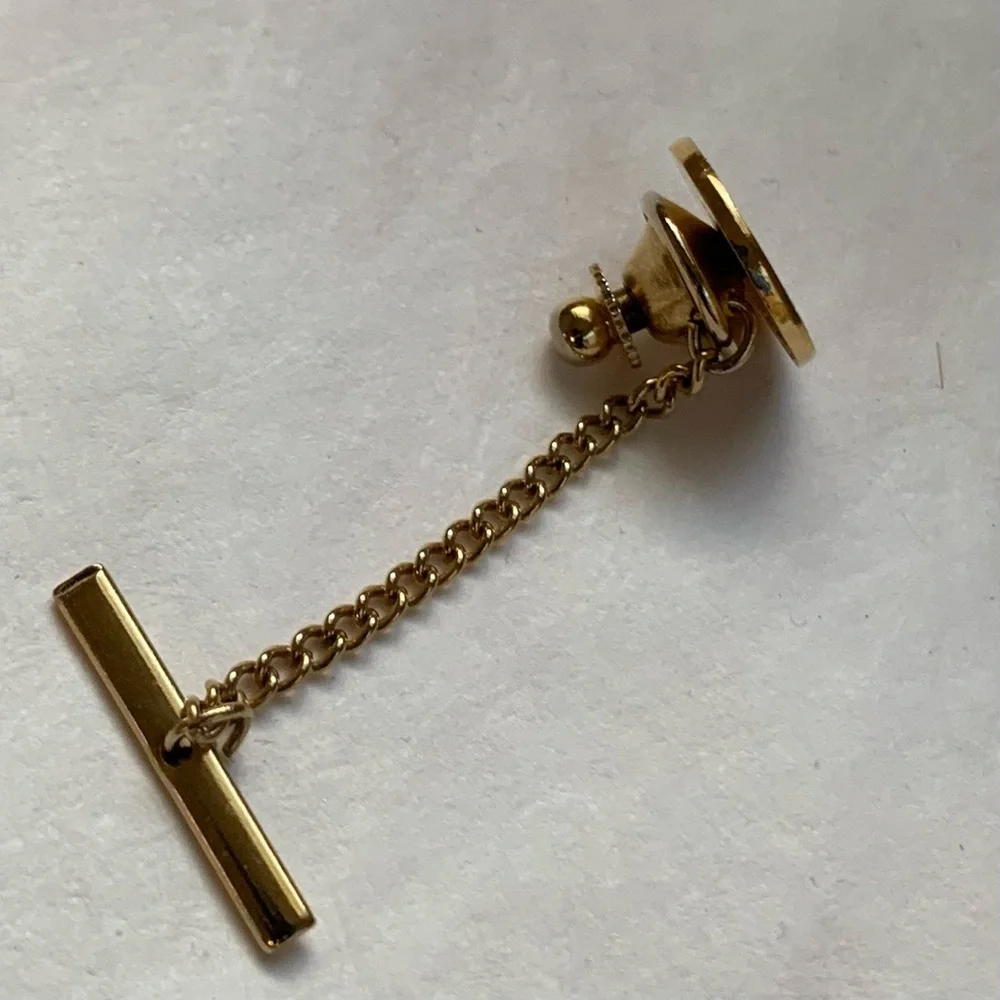 Vintage Masonic 1/20 10K GP Tie Tack with Safety Chain Excelsior Lodge Pin 3D